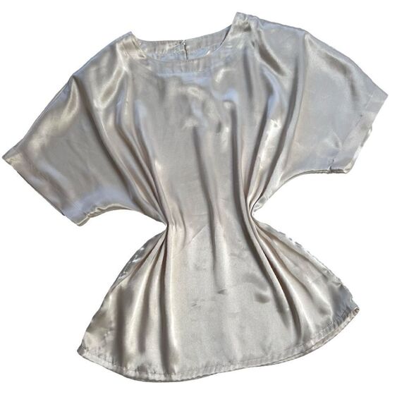 Versatile Vintage 80s 90s Drapey Dolman Sleeve Ivory Satin Dress Blouse - Picture 1 of 10